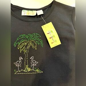 NWTs Palm Grove sleeveless top. Rhinestone palm trees & flamingo design Sz P/M